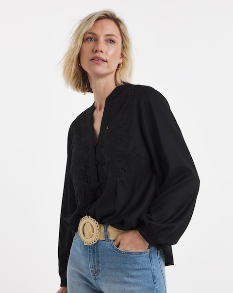 Broderie Trim Long Sleeve Blouse