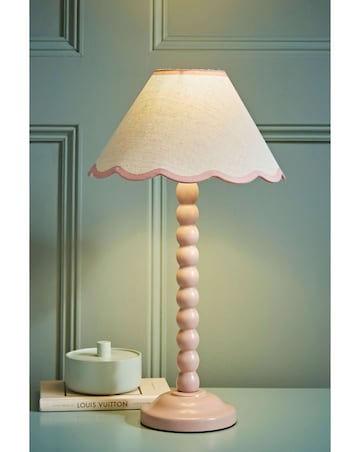 ValueLights Bobbles Rose Pink Bobbin Table Lamp with Pink Trim Scallop Shade