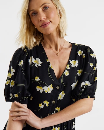 Black Floral Print Puff Sleeve Drop Waist Button Midi Dress