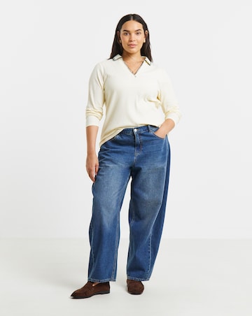 Simply Be Cream Rib Blanket Stitch Polo Top