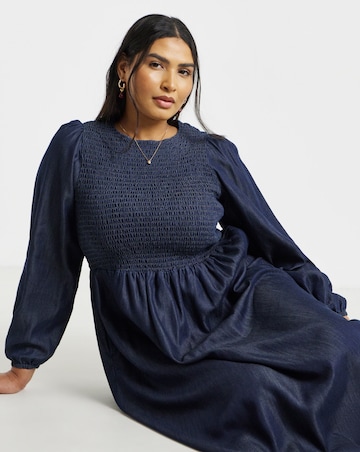 Simply Be Indigo Long Sleeve Denim Soleil Shirred Midaxi Dress