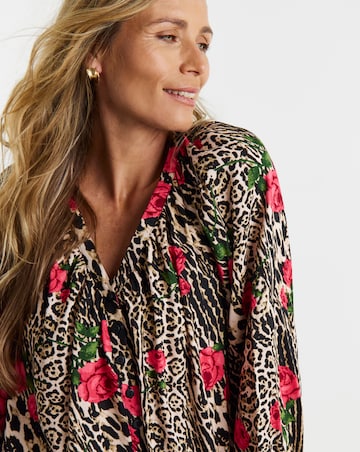 Animal Print Collarless Button Through Blouse