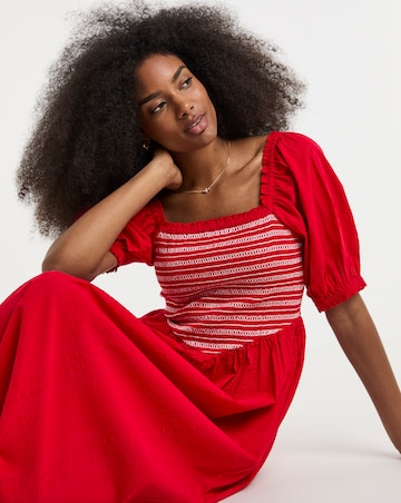 Red Shirred Dress