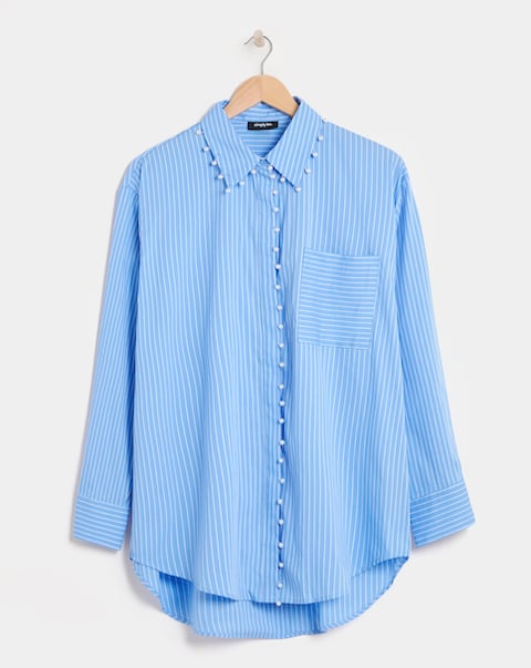 Blue Stripe Shirt with Pearl Trim Detailing