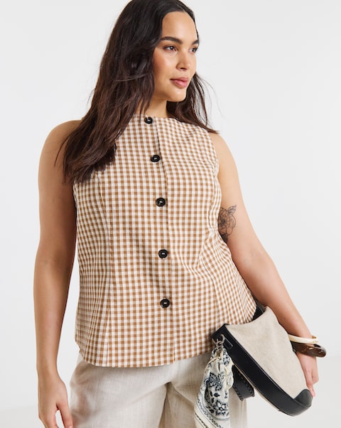 Chocolate Gingham Boat Neck Formal Top