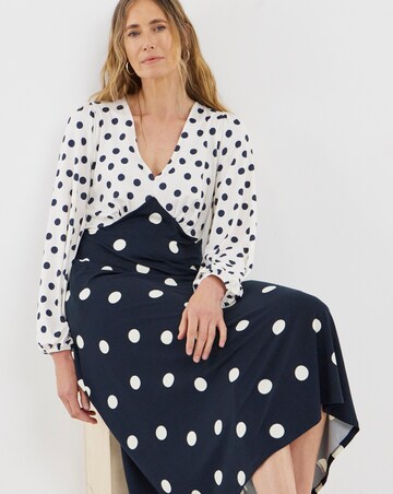 Black Spot Contrast Print Jersey Midi Tea Dress