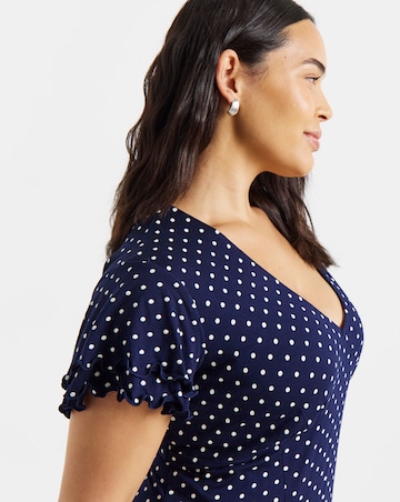 Navy Spot Flutter Sleeve Hanky Hem Midi Dress