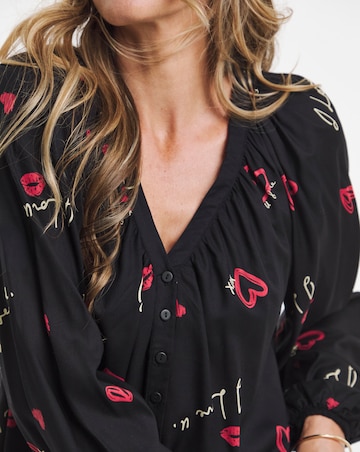 Multi Print Collarless Button Through Blouse