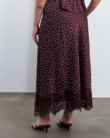 Simply Be Burgundy Spot Satin Lace Trim Midaxi Skirt Co Ord