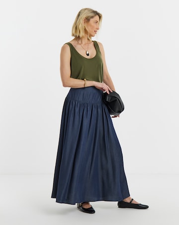 Dark Blue Pull On Tiered Lyocell Denim Maxi Skirt