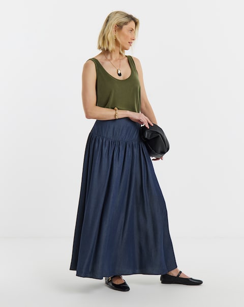 Dark Blue Pull On Tiered Tencel™ Lyocell Denim Midaxi Skirt