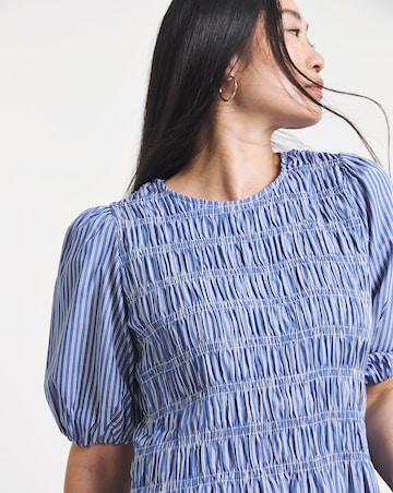 Navy Shirred Peplum Stripe Crew Neck Blouse