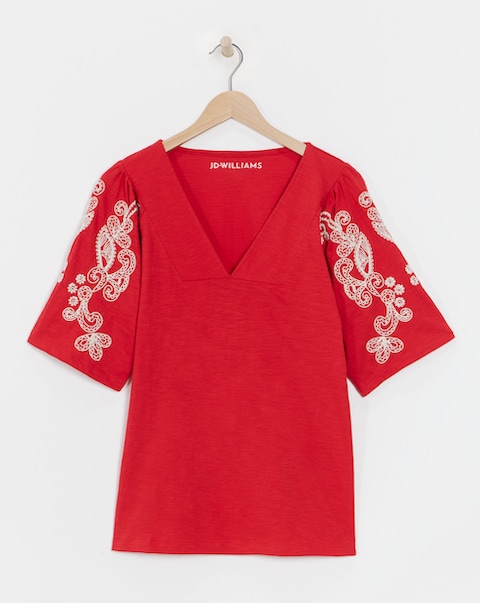 Pure Cotton V Neck Embriodered Sleeve Top