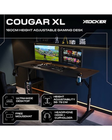 X Rocker Cougar XL 160cm Height Adjustable Gaming Desk with Mousepad - Black