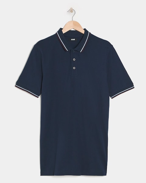 Pure Cotton Navy Pique Tipped Polo Long Length- Navy
