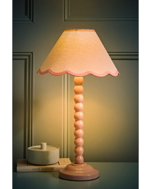 ValueLights Bobbles Rose Pink Bobbin Table Lamp with Pink Trim Scallop Shade