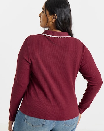 Simply Be Burgundy Contrast Scallop Trim Long Sleeve Polo Top