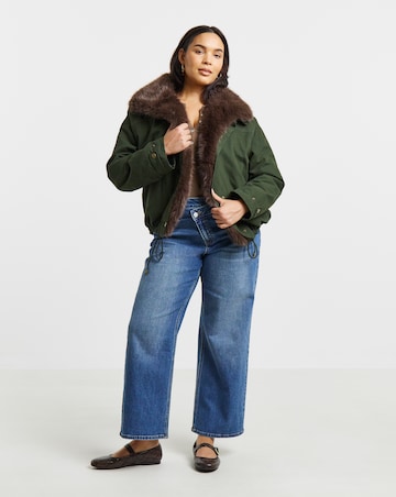 Dark Green Detachable Faux Fur Collar Parka Jacket