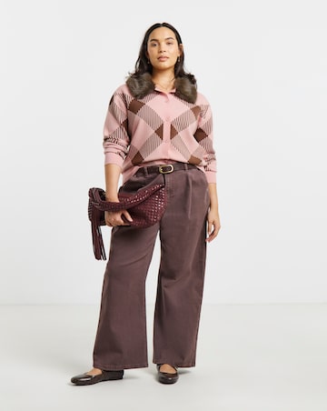 Fur Collar Checked Cardigan