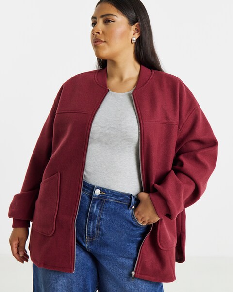 Simply Be Burgundy Soft Zip Through Bomber Jacket