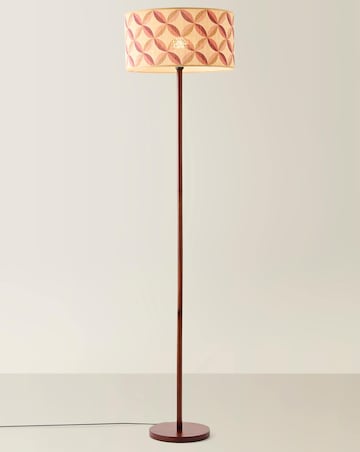 ValueLights Heather Dark Wood Wooden Stem Floor Lamp with Geo Print Bamboo Shade