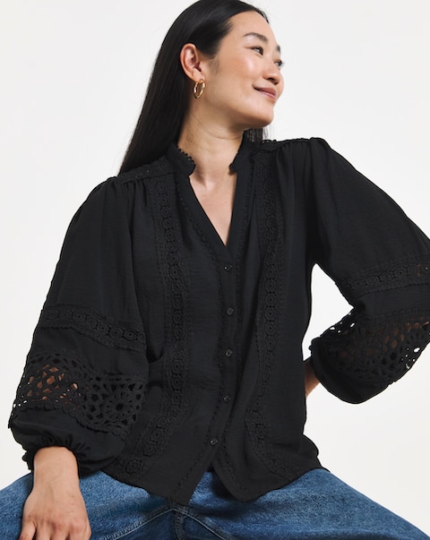 Black Lace Trim Button Through Prairie Blouse