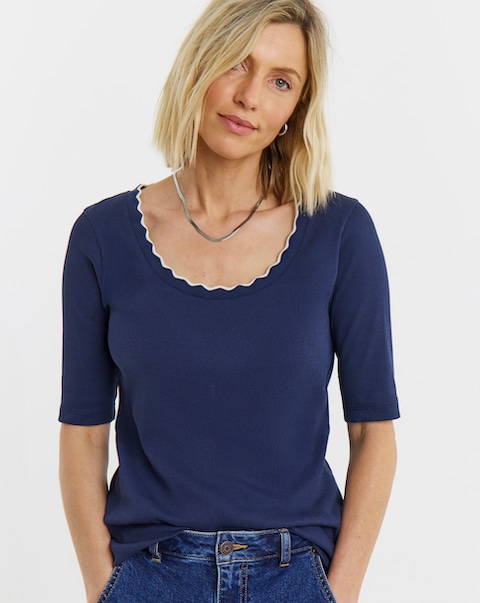 Navy And White Contrast Scallop Scoop Neck Top