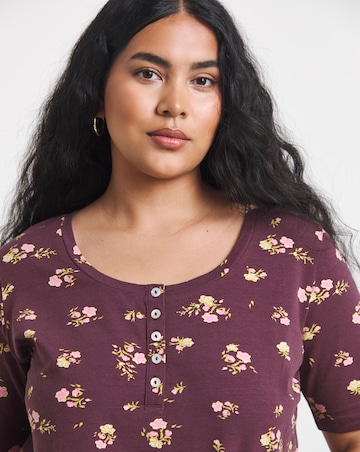 Simply Be Chocolate Floral Printed Short Sleeve Henley Top