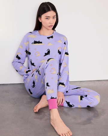 Chelsea Peers Classic Long Sleeve Crew Neck Halloween Cat Pyjama Set