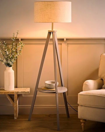 ValueLights Morrigan Grey Wood Tripod Floor Lamp with Shelf