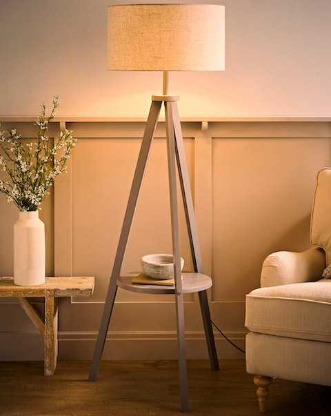 New In - Morrigan Grey Wood Tripod Floor Lamp
