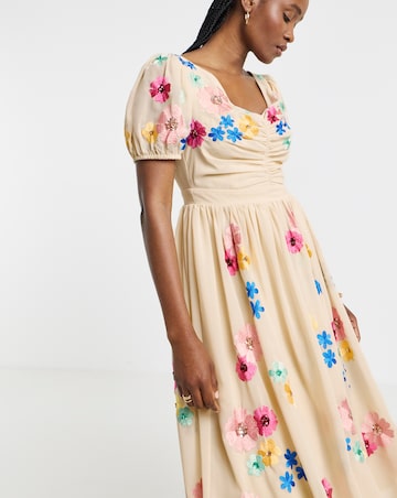 Maya Curve V Neck Floral Embroidered Midi Dress