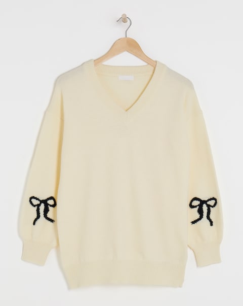 Simply Be Cream Bow Sleeve V Neck Longline Jumper