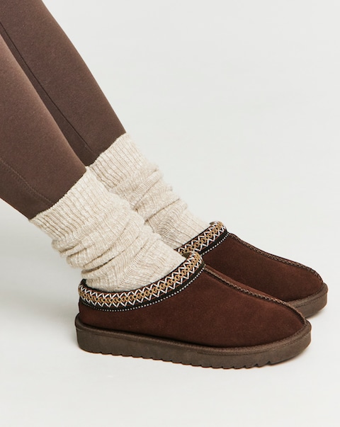 Reese Suede Embroidery Mule Snug Slippers - Wide Fit (E)