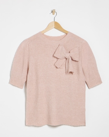 Simply Be Simply Snug Pink Puff Sleeve Bow Applique Knitted Top