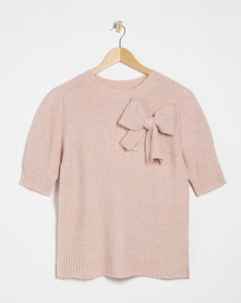 Simply Be Simply Snug Pink Puff Sleeve Bow Applique Knitted Top