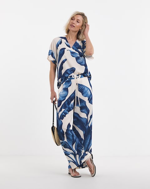 Blue Palm Print Co-Ord Wide Leg Trouser