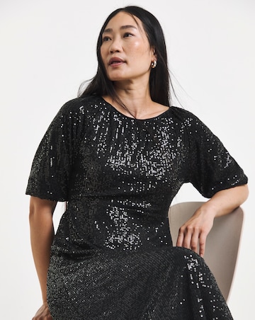Linear Sequin Puff Sleeve Midi Dress