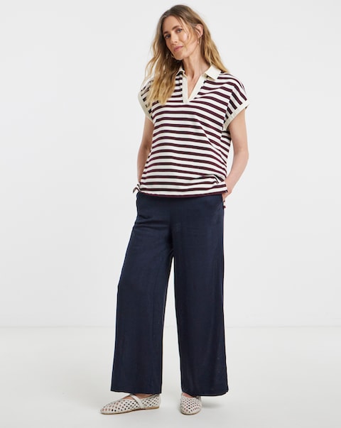 Navy Linen Mix Wide Leg Trouser