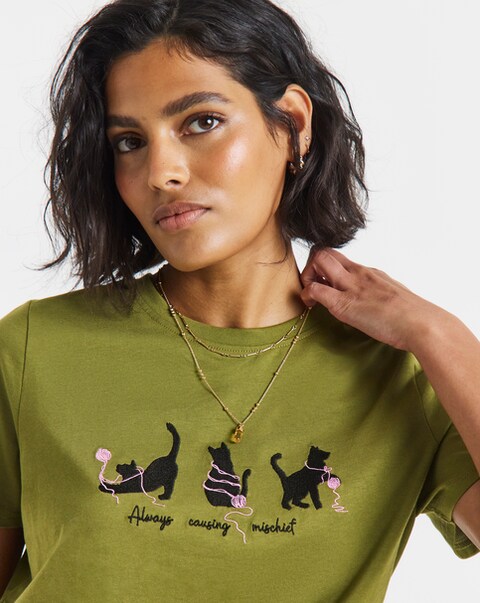 Simply Be Olive Cat Placement Embroidery Short Sleeve T-Shirt