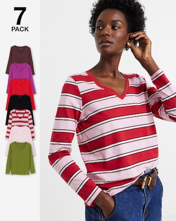 Red, Brown, Purple, Stripe, Black, Khaki. Pink 7 Pack V-Neck Long Sleeve T-Shirt