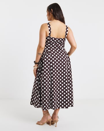 Chocolate Spot Printed Cotton Waist Detail Midi Dress