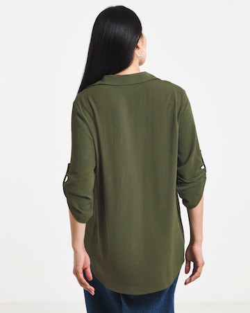 Olive Green Button Detail Collar Popover Top