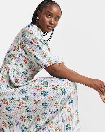 Floral And Stripe Print Waist Detail Midi Dress