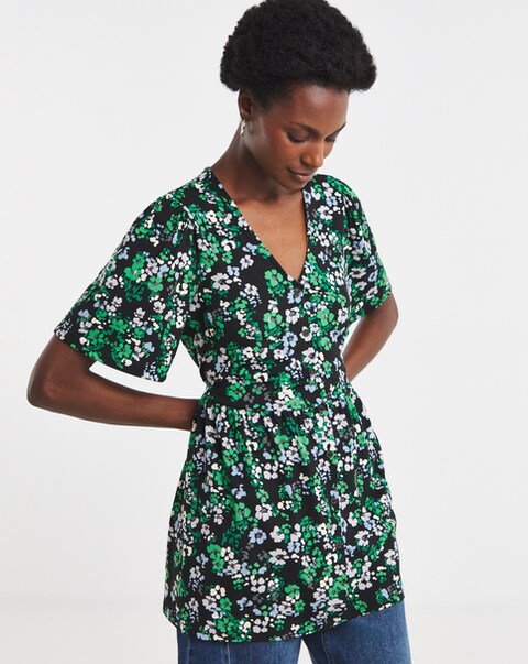 Floral Print Angel Sleeve V Neck Button Through Longline Top