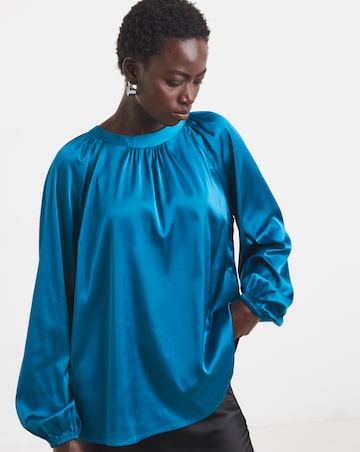 Blue Satin High Neck Exaggerated Sleeve Blouse