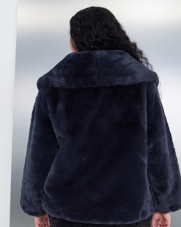 Navy Shawl Collar Plush Faux Fur Coat