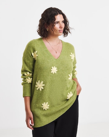 Sponge V Neck Flower Trim Tunic