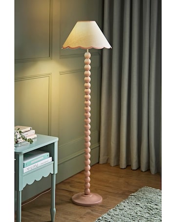 ValueLights Bobbles Rose Pink Bobbin Floor Lamp with Pink Trim Scallop Shade