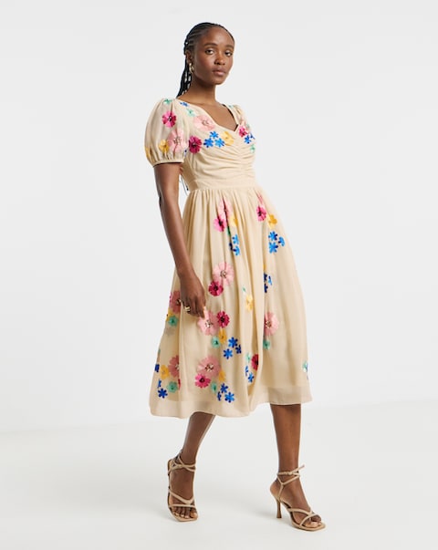 Maya Curve V Neck Floral Embroidered Midi Dress